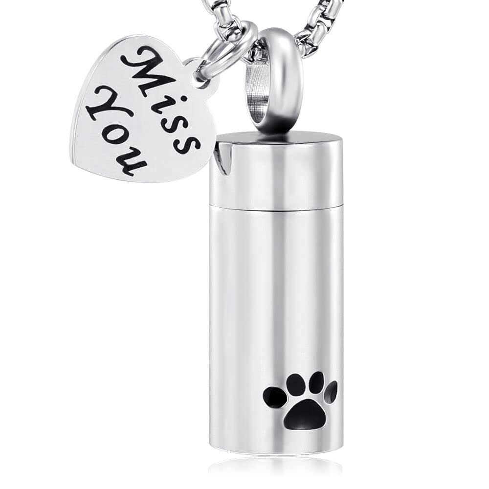 SHEIL Pet Cremation Jewelry Paw Print Cylinder Memorial Urn Locket Necklace for Dog/Pet's Ashes with Box/Chain/Funnel