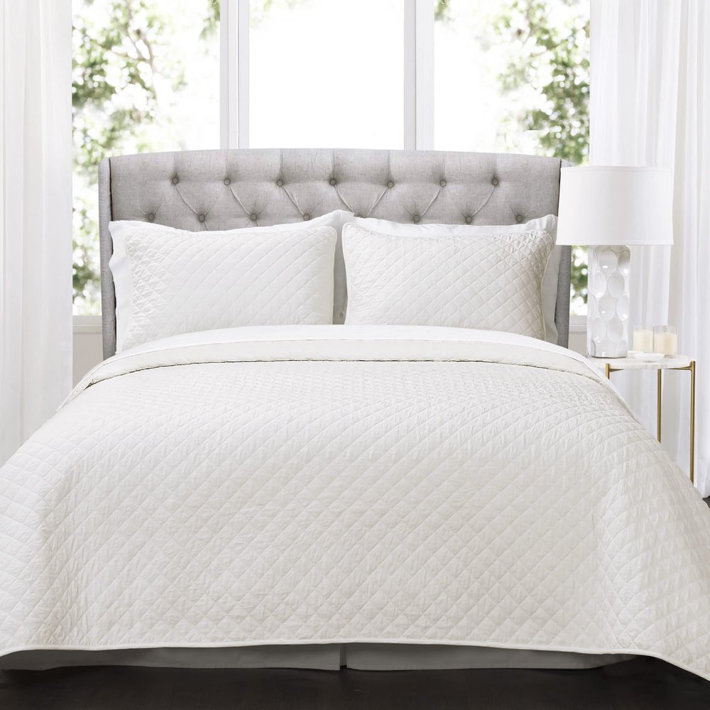 Lush Decor Ava Quilt Diamond Pattern Solid 3 Piece Oversized Bedding Blanket Bedspread Set - Full/Queen - Off-White