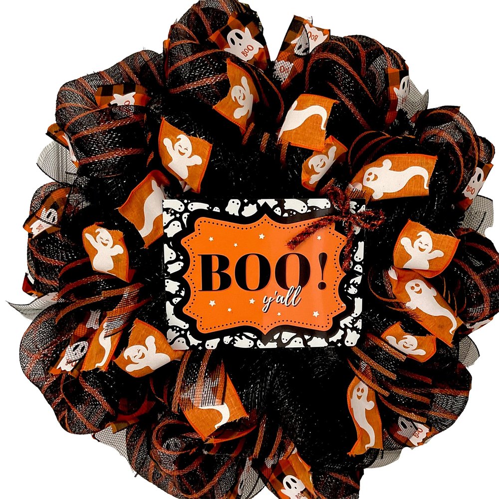 Halloween Boo Yall Wreath with Adorable Ghosts Handmade Deco Mesh. Available in 24 inch and 28 inch diameters