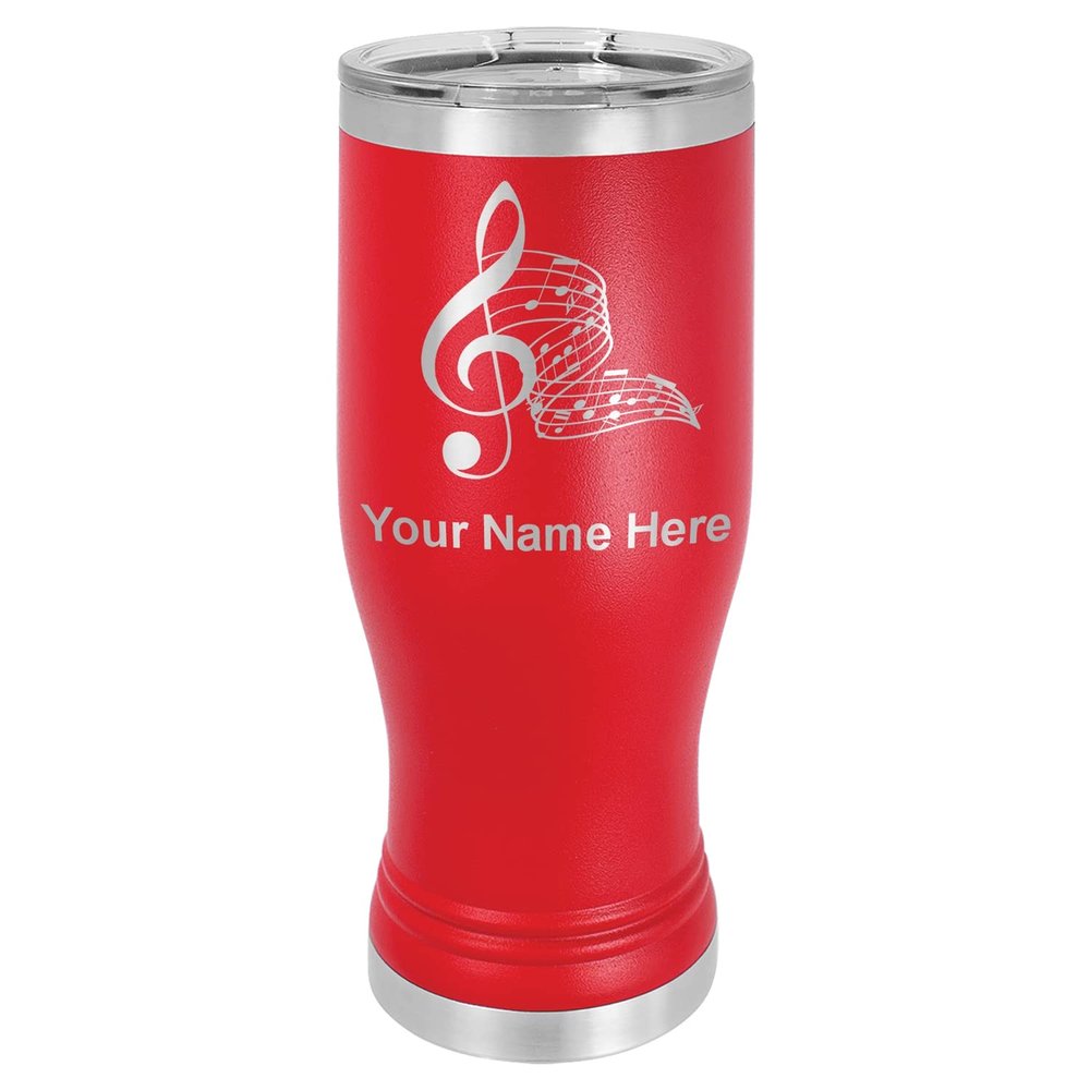 LaserGram 14oz Vacuum Insulated Pilsner Mug, Musical Notes, Personalized Engraving Included (Red)