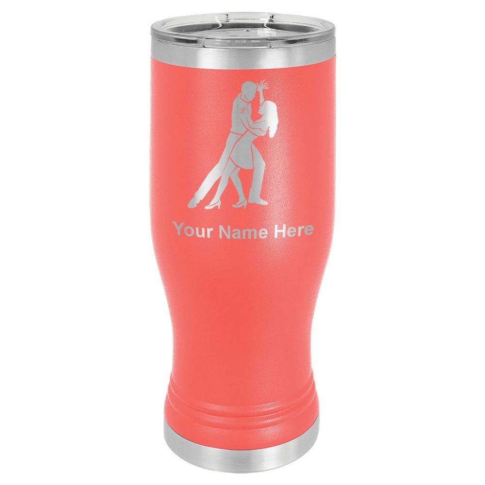 LaserGram 14oz Vacuum Insulated Pilsner Mug, Salsa Dancers, Personalized Engraving Included (Coral)