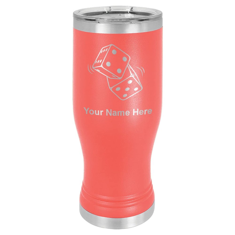 LaserGram 14oz Vacuum Insulated Pilsner Mug, Pair of Dice, Personalized Engraving Included (Coral)