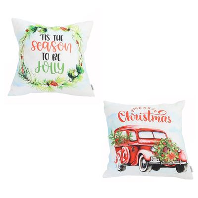 Decorative Christmas Car & Quote Throw Pillow Cover Set of 2 Square 18 in. x 18 in. White & Red for Couch, Bedding