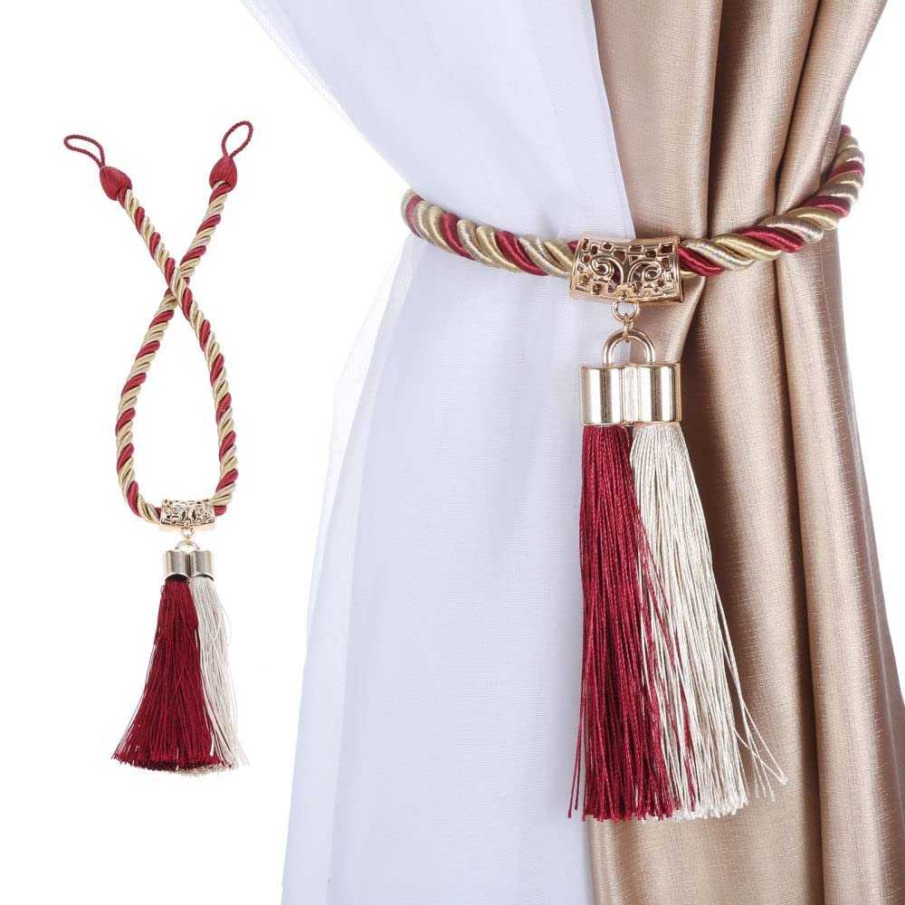 2pcs Tassel Curtain Rope Tiebacks Hook Window Hand Knitting Ball Decor Buckle Cord Drapery Holdbacks 61cm,red,4pcs