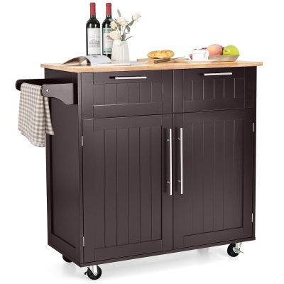 COSTWAY Kitchen Island on Wheels, Kitchen Cart with Side Towel Bar, 2 Drawers, 2 Door Cabinet, Rolling Storage Trolley Cart with Rubber Wood Top & Lockable Casters (Brown)
