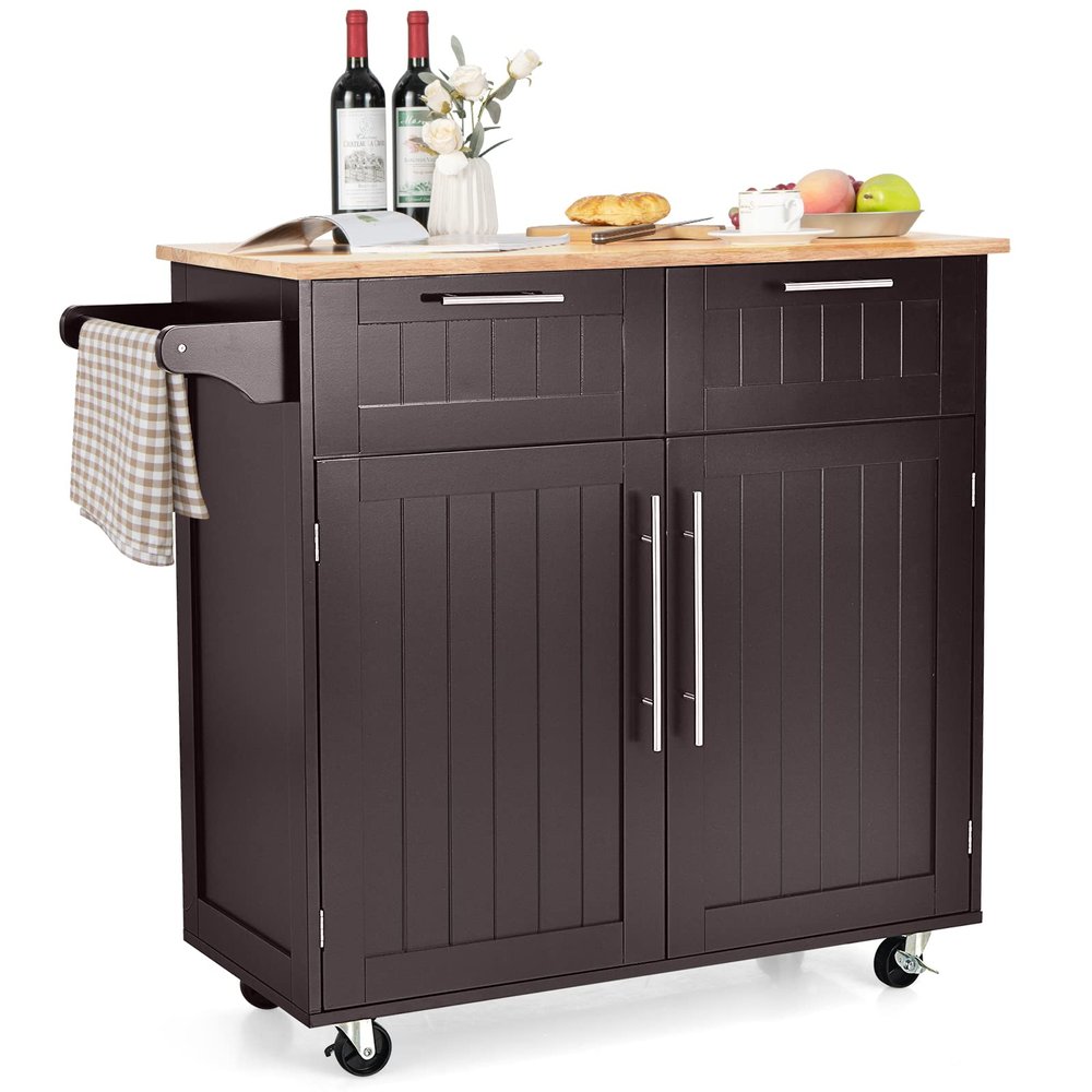 COSTWAY Kitchen Island on Wheels, Kitchen Cart with Side Towel Bar, 2 Drawers, 2 Door Cabinet, Rolling Storage Trolley Cart with Rubber Wood Top & Lockable Casters (Brown)