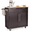 COSTWAY Kitchen Island on Wheels, Kitchen Cart with Side Towel Bar, 2 Drawers, 2 Door Cabinet, Rolling Storage Trolley Cart with Rubber Wood Top & Lockable Casters (Brown) view 1