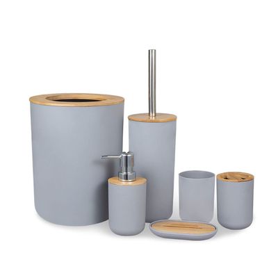 NOBRIM Bthrooms Accessories Bamboo Wood Bathroom Set 6PCS Soap Dispenser Toothbrush Holder Trash Can Toilet Brush Mouthwash Cup Soap Dish Bathroom Toiletries Bathroom Soap Dispenser