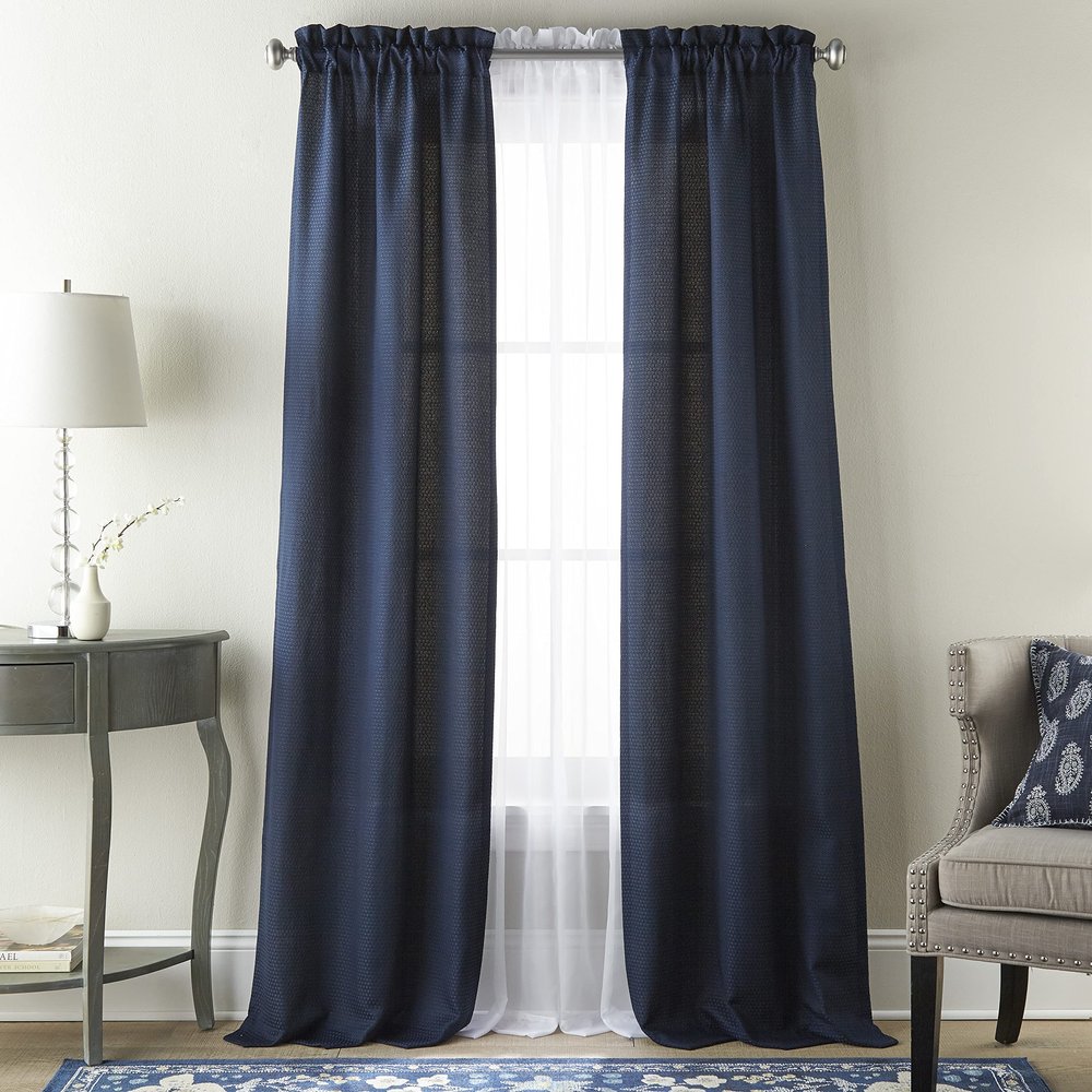 Grand Avenue Navy Curtains, Light Filtering Window Curtains 84 Inches Long, Rod Pocket 2 Curtain Panels + 2 Sheers