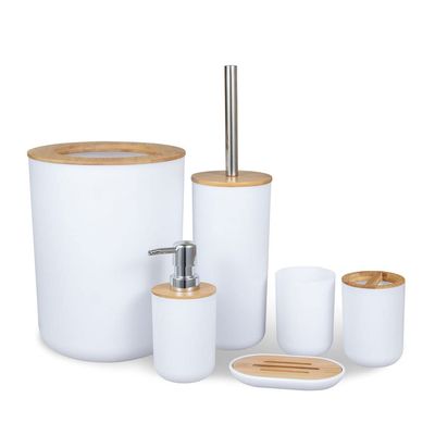NOBRIM Bthrooms Accessories Bamboo Wood Bathroom Set 6PCS Soap Dispenser Toothbrush Holder Trash Can Toilet Brush Mouthwash Cup Soap Dish Bathroom Toiletries Bathroom Soap Dispenser