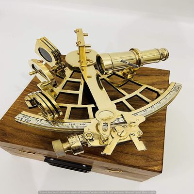 ACTIVE INDUSTRIES Vintage Brass Nautical Sextant | Handmade Maritime Navigation Instrument with Wooden Box | Polished Astrolabe Collectible for Decor, Sailing, Gift & Display (9-Inch Brass Sextant).