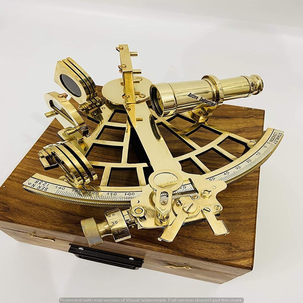 ACTIVE INDUSTRIES Vintage Brass Nautical Sextant | Handmade Maritime Navigation Instrument with Wooden Box | Polished Astrolabe Collectible for Decor, Sailing, Gift & Display (9-Inch Brass Sextant).