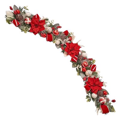 5 ft Christmas Garland for Mantle Unlit Garland for Stairs Railing, Banister, Staircase, Fireplace, for Table No Light, Garland Decor Frosted Red Poinsettia Holiday Tree (Frosted Red Poinsettia)