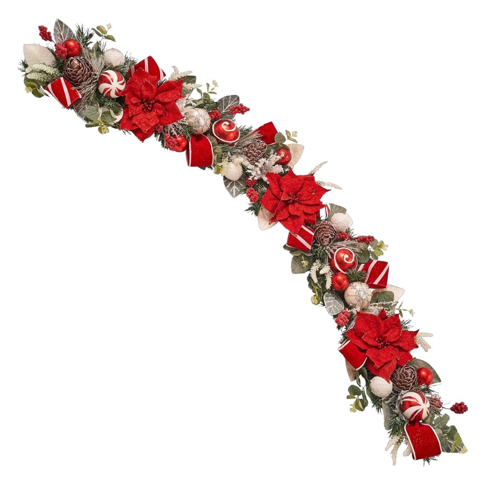 5 ft Christmas Garland for Mantle Unlit Garland for Stairs Railing, Banister, Staircase, Fireplace, for Table No Light, Garland Decor Frosted Red Poinsettia Holiday Tree (Frosted Red Poinsettia)