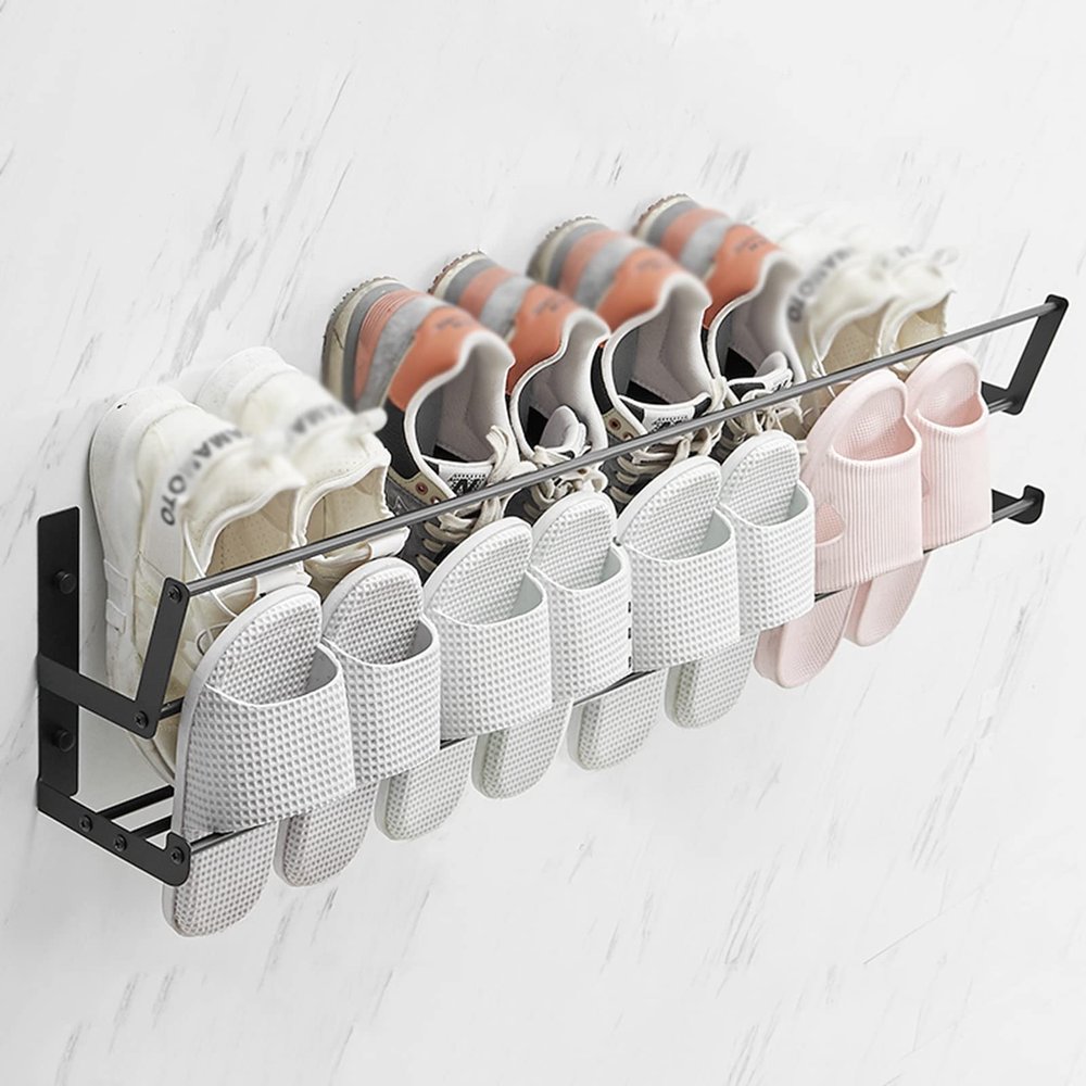 CTVR Stainless Steel Slippers Rack, Bathroom Door Slippers Organizer Stand, Wall Mounted Towel Hanger, for Kitchen, Entryway, Double-Decker (Size : 70 * 19 * 13.5cm)