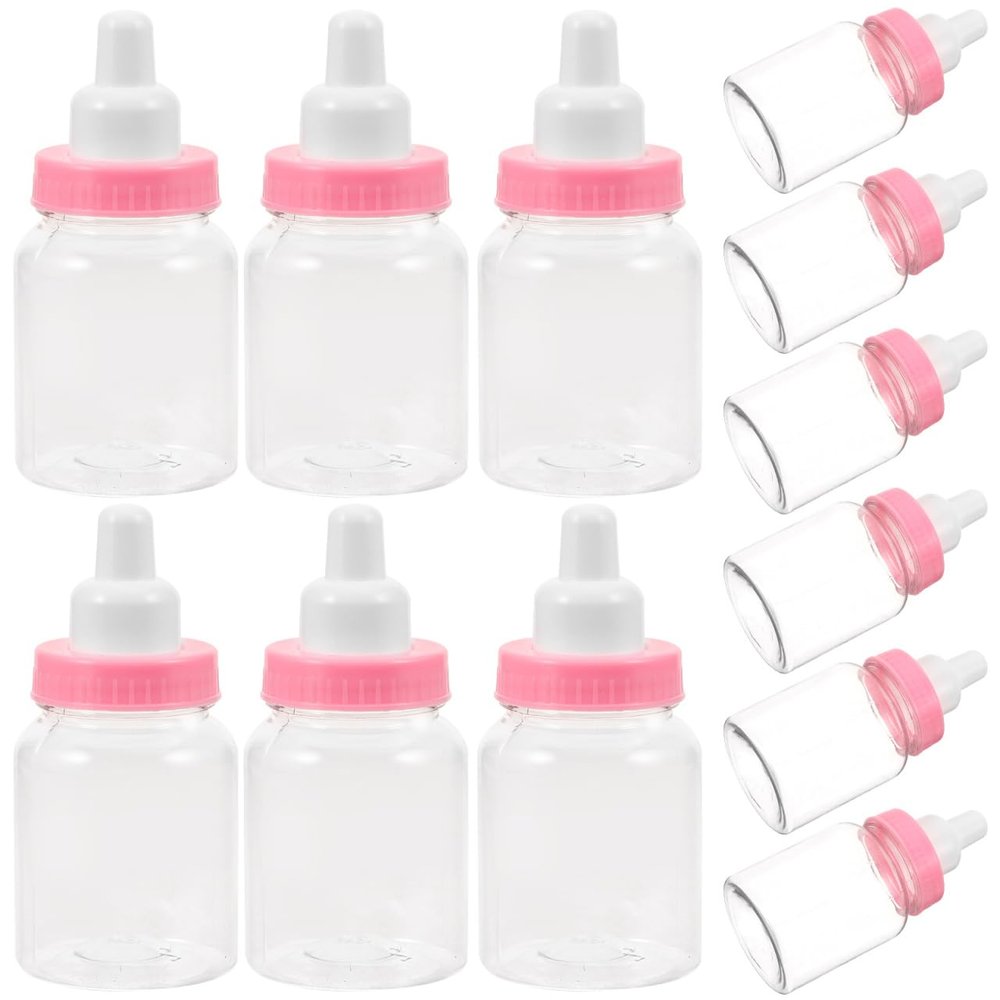 12Pcs Pink Mini Feeder Style Candy Bottles Shower Box Decorative Party Favors for Newborn Celebrations Fillable Plastic Containers for Sweet Treats