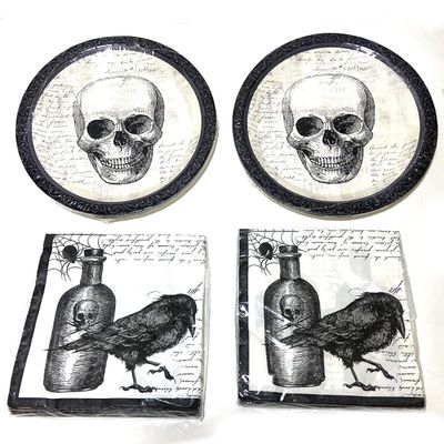 Halloween Spooky Party Supply Pack. Includes 36 Plates, 48 Napkins (Black and White)