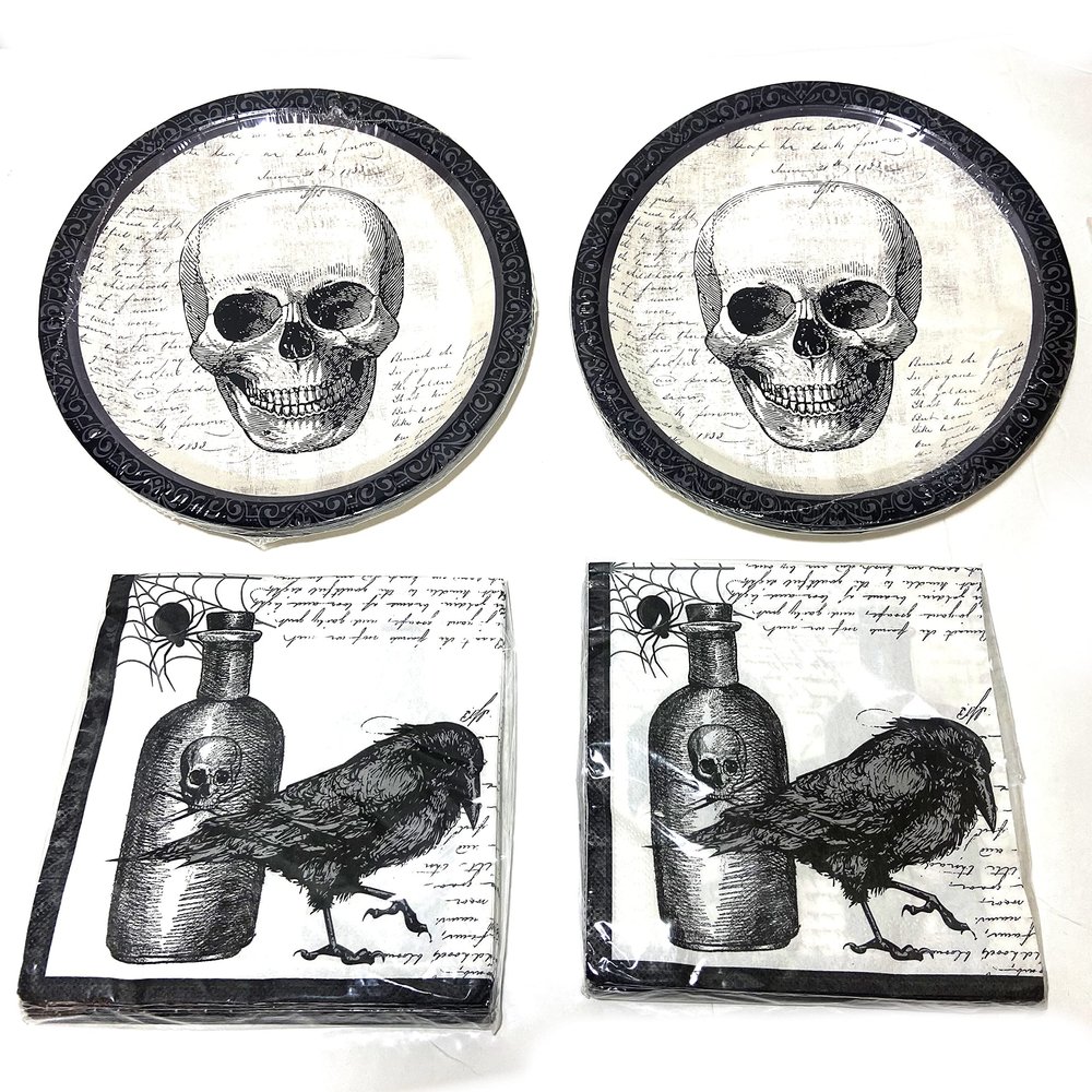 Halloween Spooky Party Supply Pack. Includes 36 Plates, 48 Napkins (Black and White)