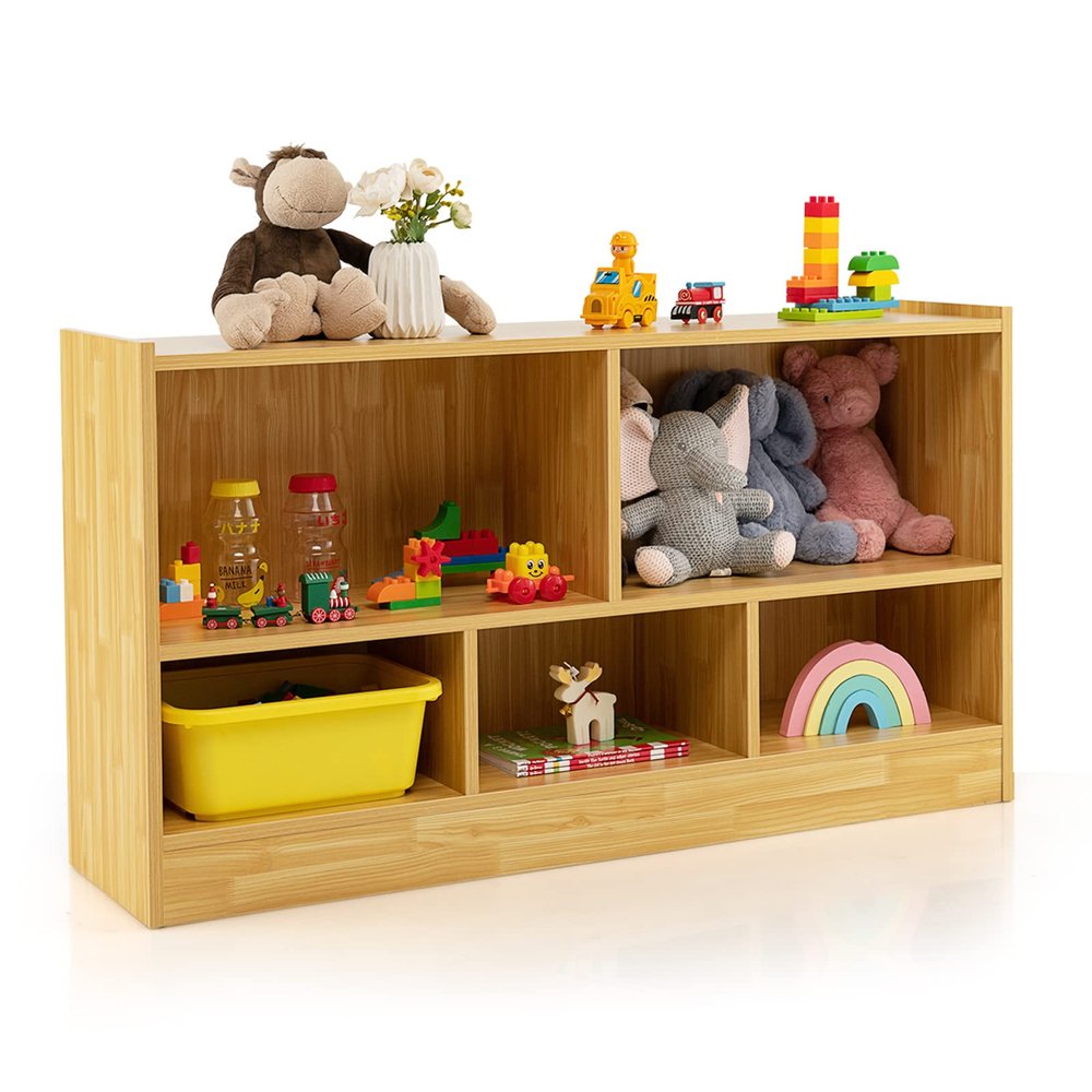 HONEY JOY Kids Toy Storage Organizer, 5-Section Storage Daycare Shelf for Preschool, Children 2-Tier Open Wooden Display Book Shelf Organizer for Classroom, Playroom & Nursery, Kindergarten(Yellow)
