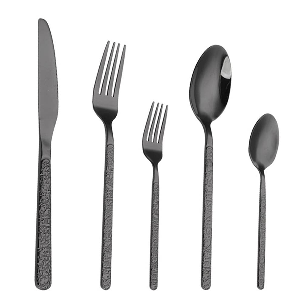 Black Silverware Set 60 Piece Flatware Sets for 12 With Stone Grain Handle Stainless Steel Home Kitchen Wedding Restaurant Cutlery Utensils Include Teaspoons Knifes Forks and Spoons Tableware Set