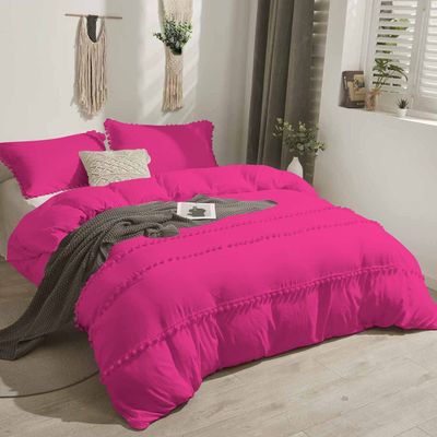 TONY'S TEXTILES 1 Piece Boho Chic Pom Pom Comforter, All Season Down Alternative Bedding Comforter - (Super King Size, Hot Pink) 1000 Thread Count | 550 GSM Filling