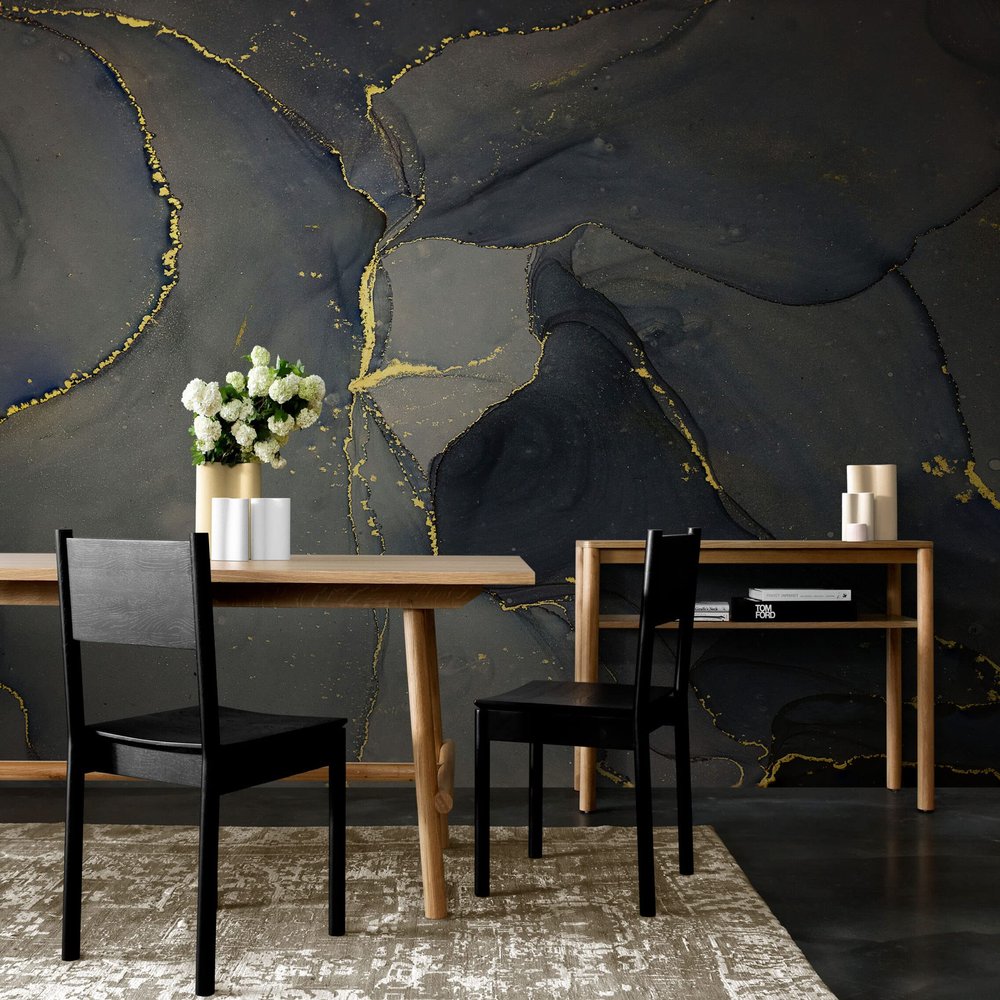Abstract Black and Gold Agate Marble Stone Pattern Wall Mural. Removable Peel and Stick Wallpaper. #6454 (9ft Tall X 16ft Wide)