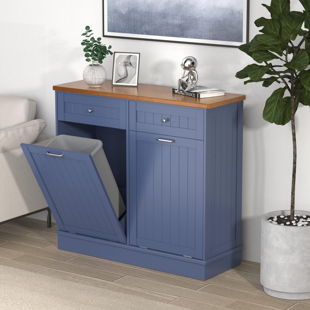 Betterhood Tilt Out Trash Cabinet 10 Gallon Wooden Free Standing Laundry Sorter Cabine,Recycling Cabine with Hideaway Drawer,Tilt Out Trash Cabinet Can Bin Kitchen