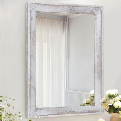 AAZZKANG Mirrors for Wall Rustic Wood Framed Hanging Mirror Decorative for Farmhouse Bedroom Bathroom Living Room Entryway Hallway Small White