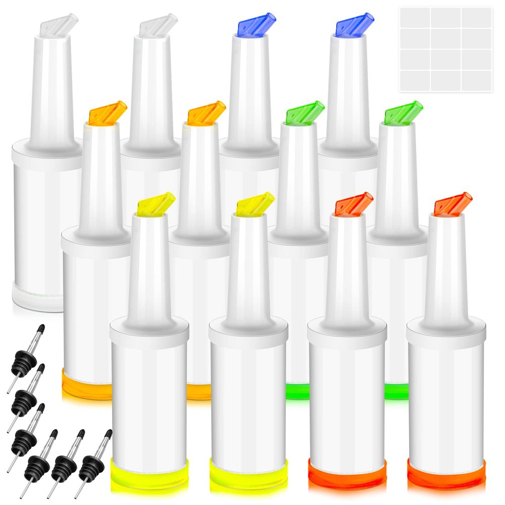12 Plastic Juice Pour Bottles and 40 Pourers - Stainless Steel Liquor Bottles for Home, Kitchen, Party Bar