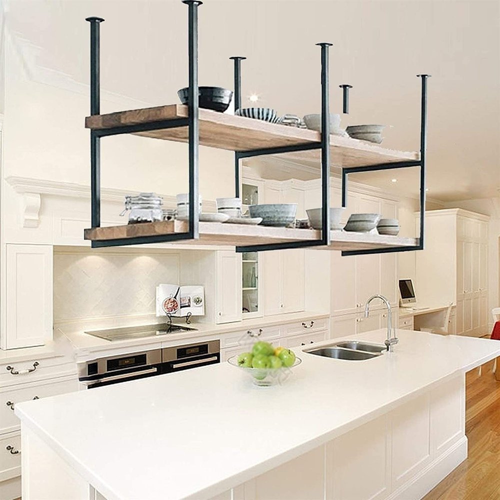 Retro Industrial Restaurant Iron Solid Wood Ceiling Shelf, Hanging Floating Shelves, 2 Tier Shelves Shelf/Bar Hanging Decoration Storage Shelf. 3 Sizes (Size : 1003060cm) (Size : 80 * 30 * 60cm)