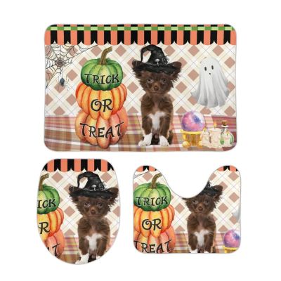 3 Pieces Halloween Pumpkin Dog Trick Or Treat Bathroom Rug Set Soft Foam Non Slip Bath Mats Sets Toilet Contour Mat Lid Cover for Bathtub Shower and Bathroom Decor 20"x32"