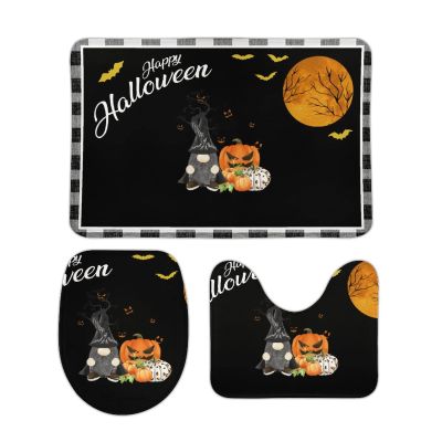 3 Pieces Black Buffalo Plaid Halloween Bathroom Rug Set Gnome Pumpkin Soft Foam Non Slip Bath Mats Sets Toilet Contour Mat Lid Cover for Bathtub Shower and Bathroom Decor 20"x32"