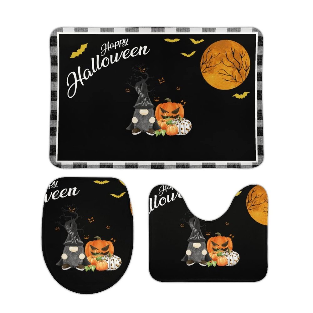 3 Pieces Black Buffalo Plaid Halloween Bathroom Rug Set Gnome Pumpkin Soft Foam Non Slip Bath Mats Sets Toilet Contour Mat Lid Cover for Bathtub Shower and Bathroom Decor 20"x32"