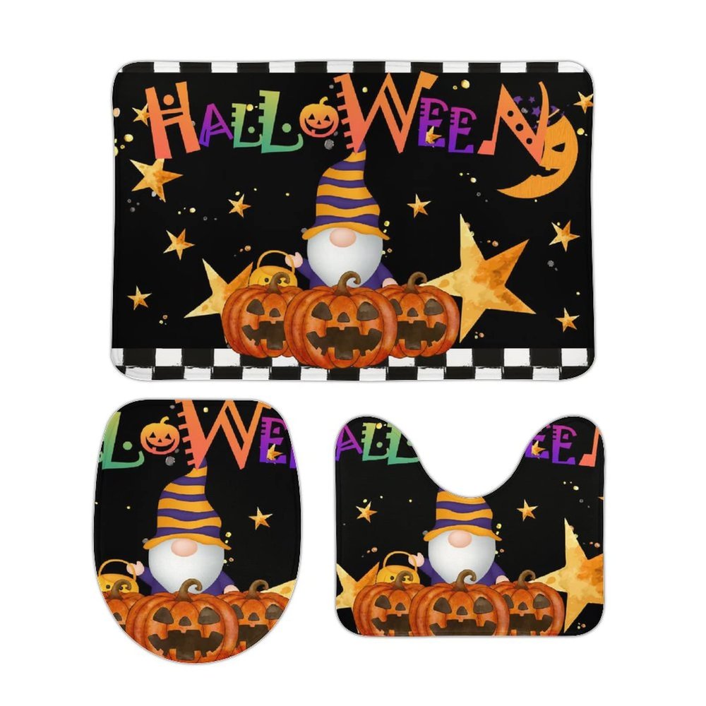 3 Pieces Halloween Gnome Pumpkin Black and White Stripe Bathroom Rug Set Soft Foam Non Slip Bath Mats Sets Toilet Contour Mat Lid Cover for Bathtub Shower and Bathroom Decor 20"x32"