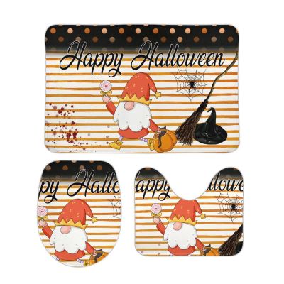3 Pieces Orange Stripe Gnome Pumpkin Bathroom Rug Set Happy Halloween Soft Foam Non Slip Bath Mats Sets Toilet Contour Mat Lid Cover for Bathtub Shower and Bathroom Decor 20"x32"