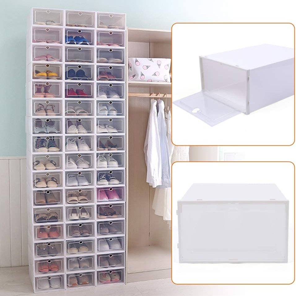 WDZCZDoo 24 PCS Shoe Storage Boxes,Clear Plastic Clamshell Shoebox Stackable Shoe Organizer Foldable Display Box Container Closet Shelf Shoe Boxes Organizer (24PCS)