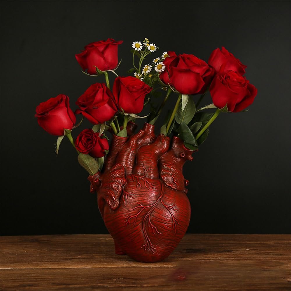 Human Heart Organ Shape Vase Creepy Halloween Home Desk Flowers Pot Decor, Medium Size 6.2" x 4.2", Red