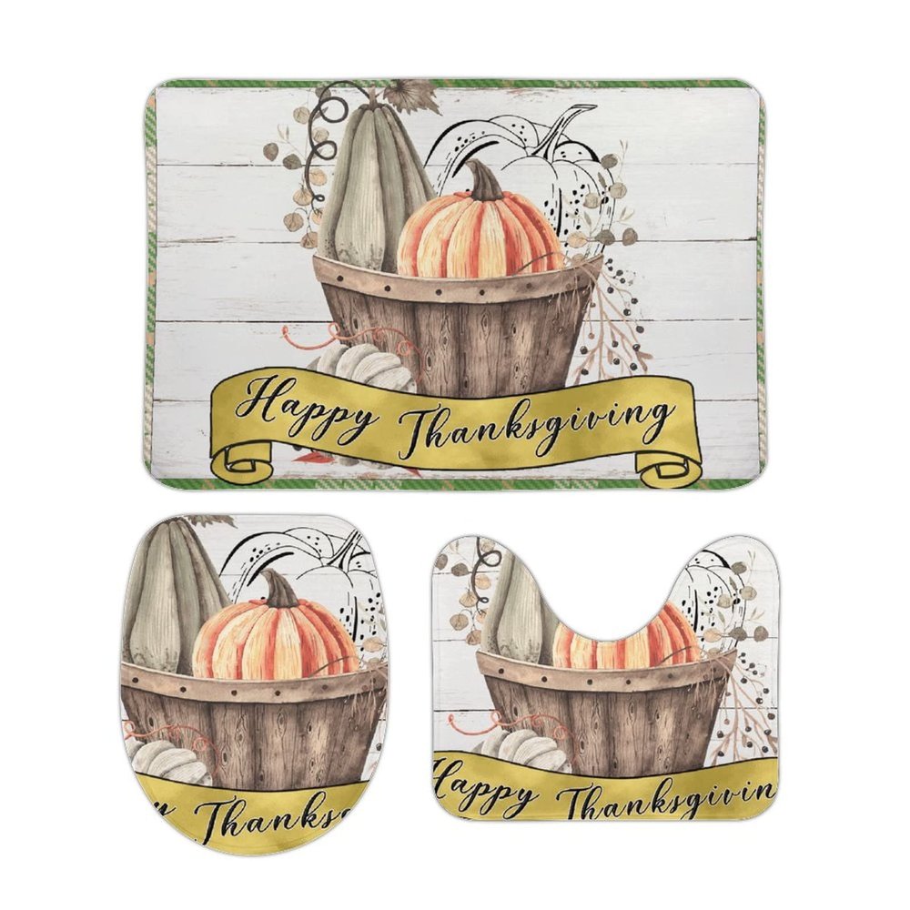 3 Pieces Happy Thanksgiving Bathroom Rug Set Fall Pumpkin Decoration Autumn Soft Foam Non Slip Bath Mats Sets Toilet Contour Mat Lid Cover for Bathtub Shower and Bathroom Decor 20"x32"