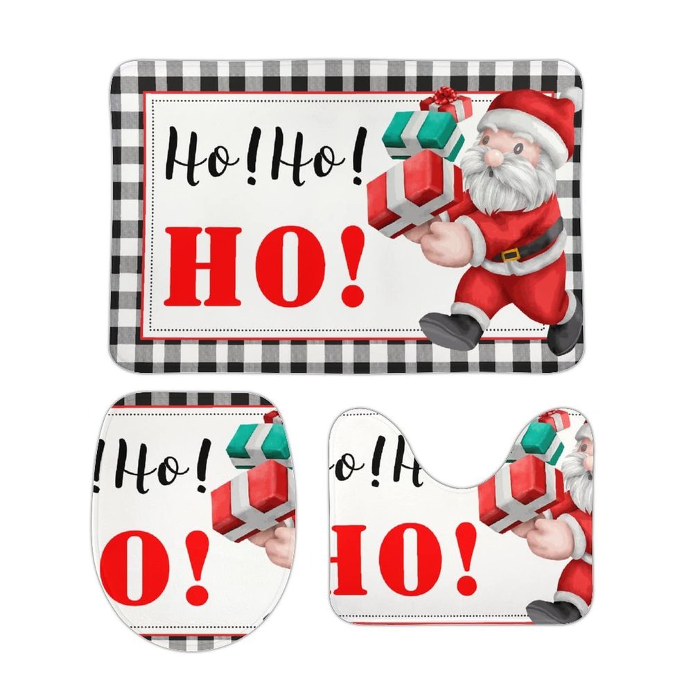 3 Pieces Merry Christmas Santa Hohoho Bathroom Rug Set Black White Stripe Soft Foam Non Slip Bath Mats Sets Toilet Contour Mat Lid Cover for Bathtub Shower and Bathroom Decor 20"x32"