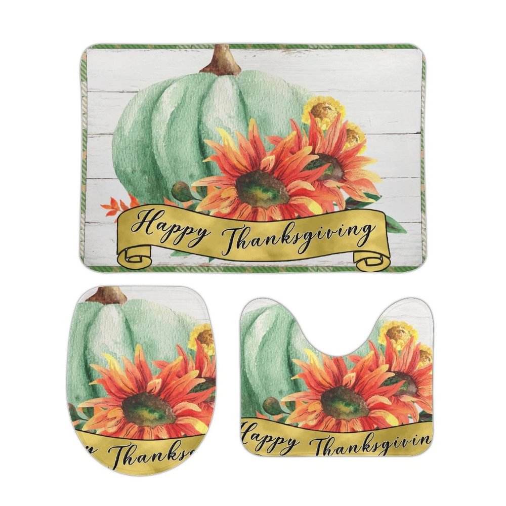 3 Pieces Happy Thanksgiving Bathroom Rug Set Fall Pumpkin Decoration Autumn Soft Foam Non Slip Bath Mats Sets Toilet Contour Mat Lid Cover for Bathtub Shower and Bathroom Decor 20"x32"