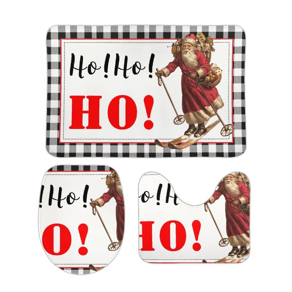 3 Pieces Merry Christmas Santa Hohoho Bathroom Rug Set Black White Stripe Soft Foam Non Slip Bath Mats Sets Toilet Contour Mat Lid Cover for Bathtub Shower and Bathroom Decor 20"x32"