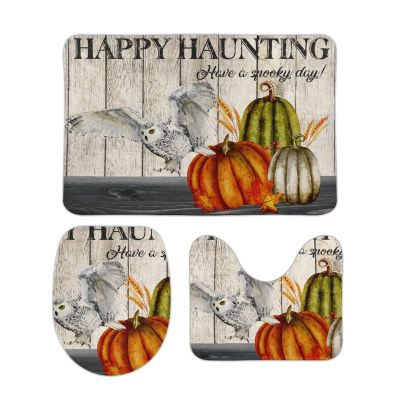 3 Pieces Happy Haunting Owl Pumpkin Bathroom Rug Set Have A Spooky Day Soft Foam Non Slip Bath Mats Sets Toilet Contour Mat Lid Cover for Bathtub Shower and Bathroom Decor 20"x32"