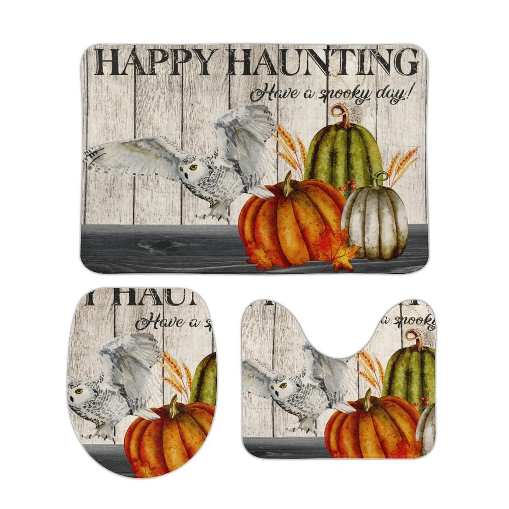 3 Pieces Happy Haunting Owl Pumpkin Bathroom Rug Set Have A Spooky Day Soft Foam Non Slip Bath Mats Sets Toilet Contour Mat Lid Cover for Bathtub Shower and Bathroom Decor 20"x32"