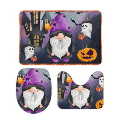 3 Pieces Happy Halloween Plaid Bathroom Rug Set Gnomes Pumpkins Spooky Soft Foam Non Slip Bath Mats Sets Toilet Contour Mat Lid Cover for Bathtub Shower and Bathroom Decor 20"x32"
