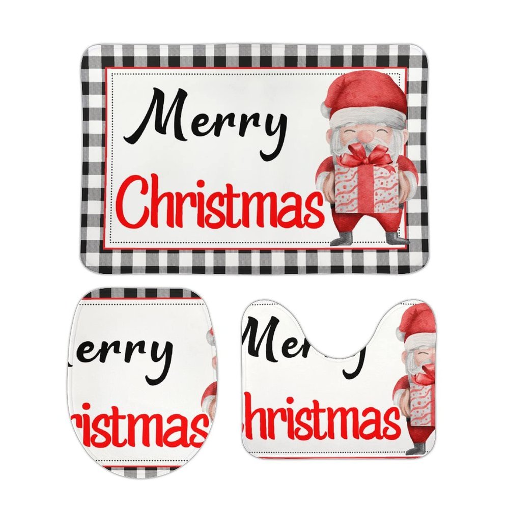 3 Pieces Merry Christmas Santa Bathroom Rug Set Black and White Stripe Pattern Soft Foam Non Slip Bath Mats Sets Toilet Contour Mat Lid Cover for Bathtub Shower and Bathroom Decor 20"x32"