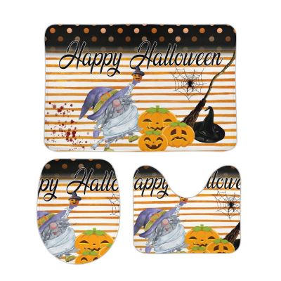 3 Pieces Orange Stripe Gnome Pumpkin Bathroom Rug Set Happy Halloween Soft Foam Non Slip Bath Mats Sets Toilet Contour Mat Lid Cover for Bathtub Shower and Bathroom Decor 20"x32"