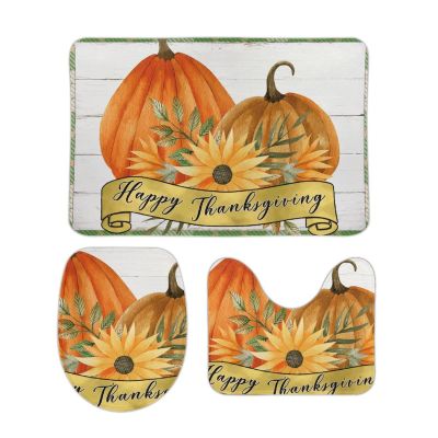 3 Pieces Happy Thanksgiving Bathroom Rug Set Fall Pumpkin Decoration Autumn Soft Foam Non Slip Bath Mats Sets Toilet Contour Mat Lid Cover for Bathtub Shower and Bathroom Decor 20"x32"