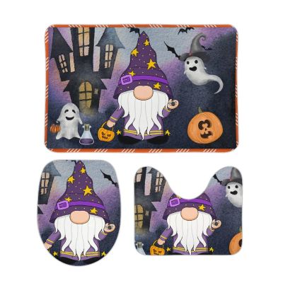 3 Pieces Happy Halloween Plaid Bathroom Rug Set Gnomes Pumpkins Spooky Soft Foam Non Slip Bath Mats Sets Toilet Contour Mat Lid Cover for Bathtub Shower and Bathroom Decor 20"x32"
