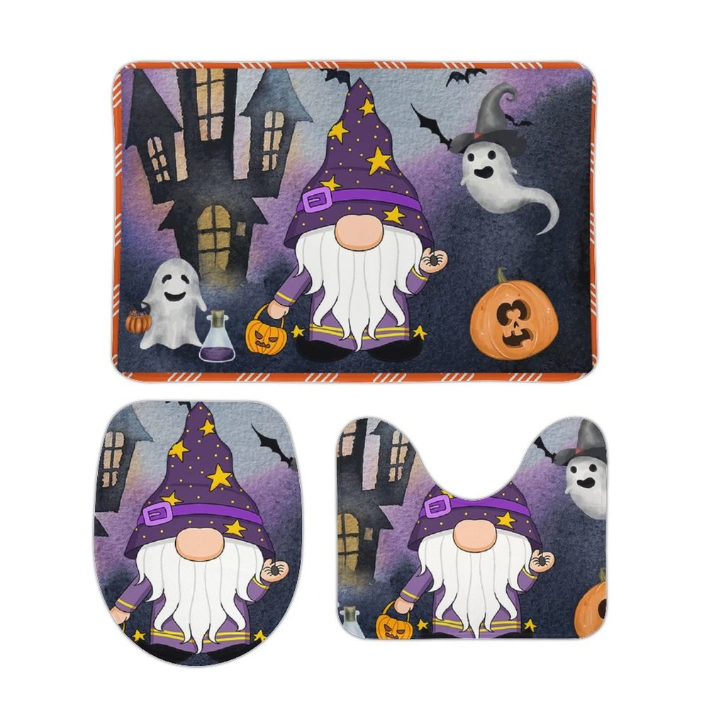 3 Pieces Happy Halloween Plaid Bathroom Rug Set Gnomes Pumpkins Spooky Soft Foam Non Slip Bath Mats Sets Toilet Contour Mat Lid Cover for Bathtub Shower and Bathroom Decor 20"x32"