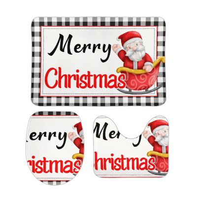 3 Pieces Merry Christmas Santa Bathroom Rug Set Black and White Stripe Pattern Soft Foam Non Slip Bath Mats Sets Toilet Contour Mat Lid Cover for Bathtub Shower and Bathroom Decor 20"x32"